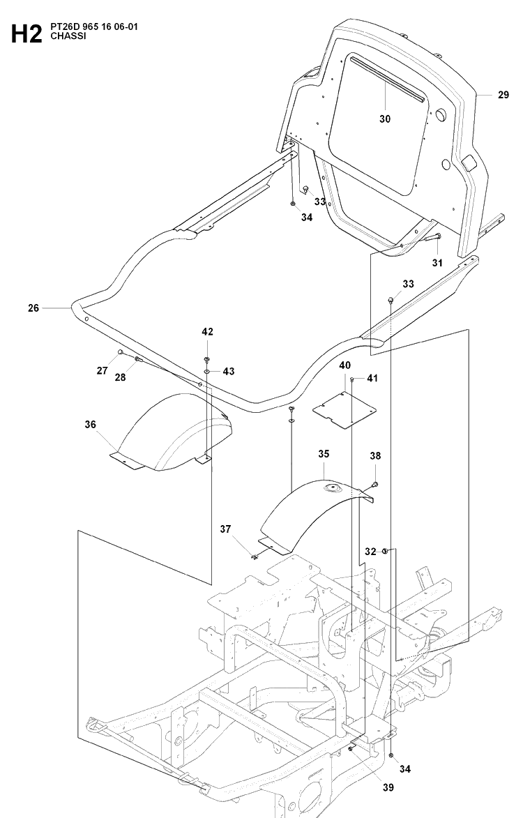 Chassis Upper Diagram and Parts List for PT26D (965160601)(2008-02) Husqvarna Lawn Mower