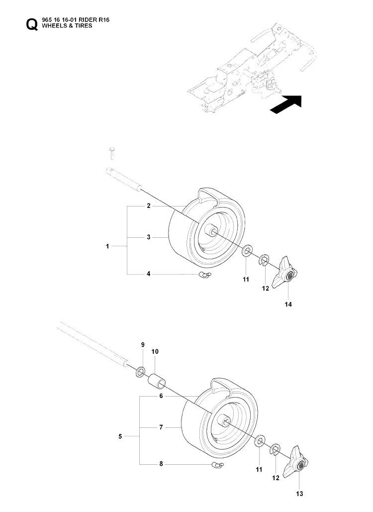 Wheels And Tires Diagram and Parts List for RIDER16 (965161601)(2007-06) Husqvarna Lawn Mower