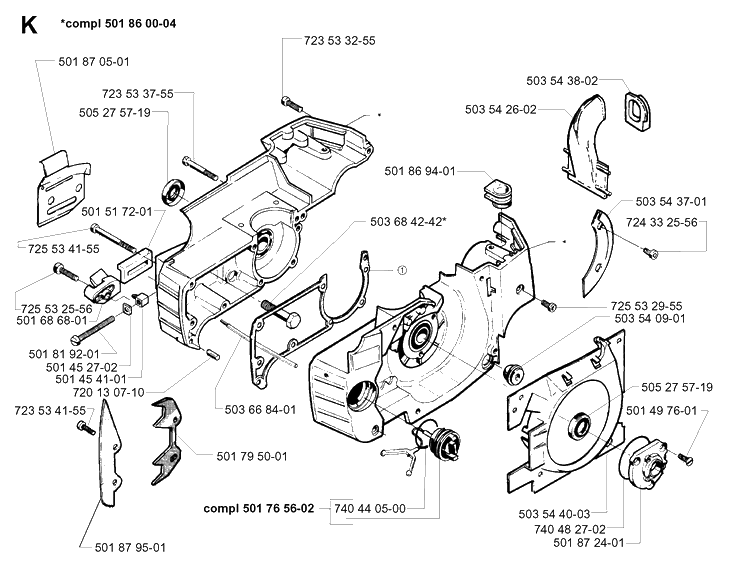 Crankcase Diagram and Parts List for 262XP 19960100001-19981400000 Husqvarna Chainsaw