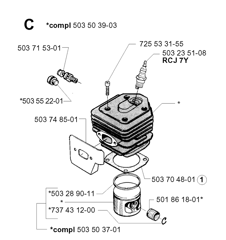 Cylinder Piston Diagram and Parts List for 254 20013500001-Current Husqvarna Chainsaw