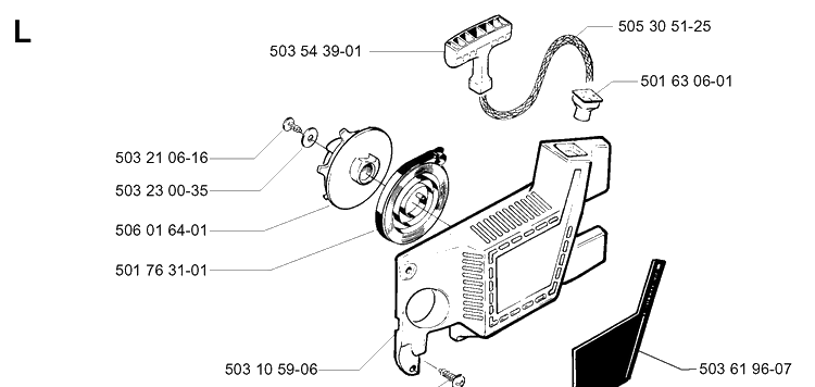 Starter Diagram and Parts List for 49 19960100001-19981800000 Husqvarna Chainsaw