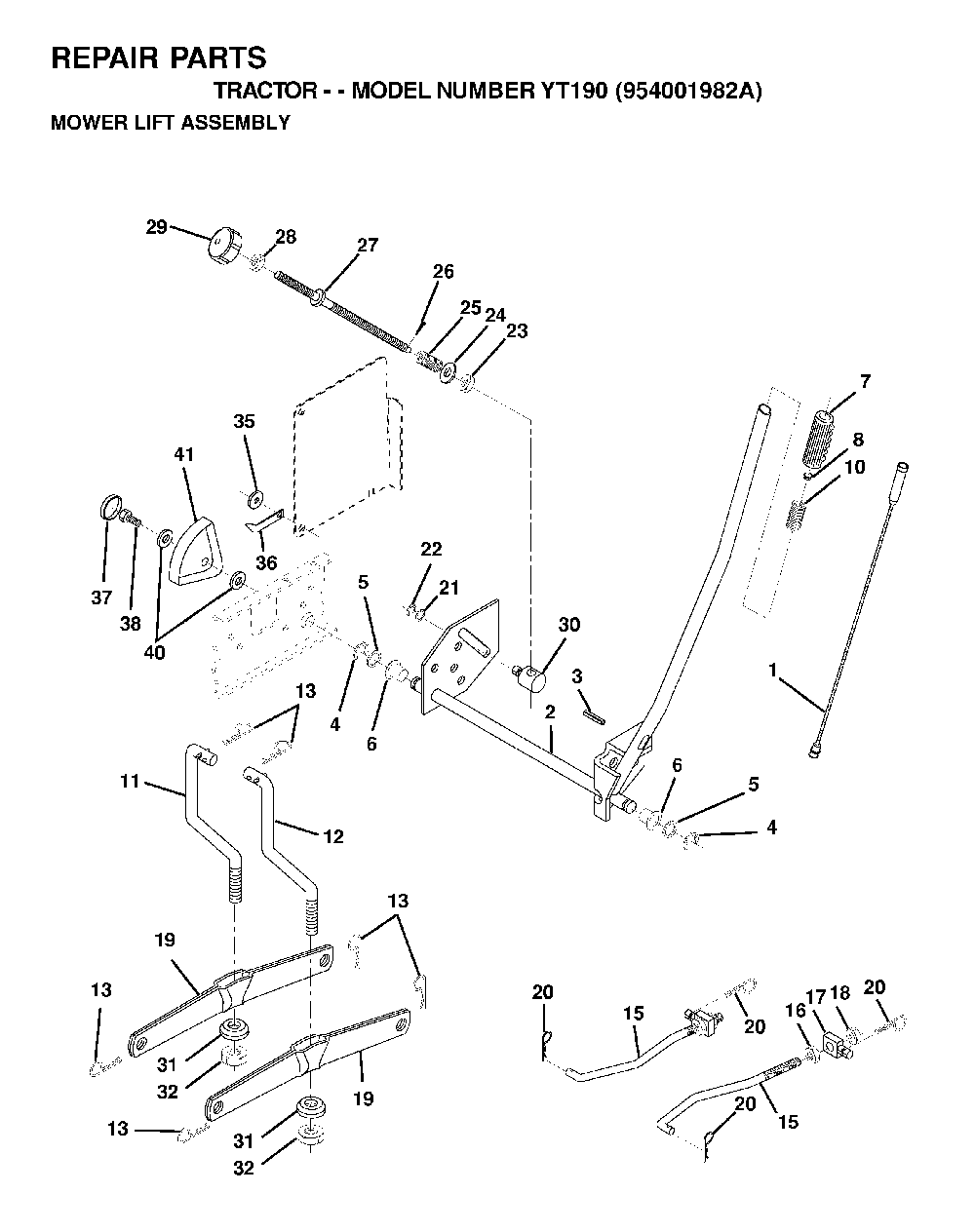 Mower Lift / Deck Lift Diagram and Parts List for YT190 (954001982A)(1995-03) Husqvarna Lawn Tractor