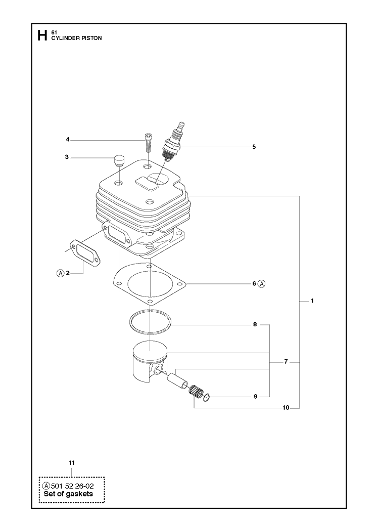 Cylinder Piston Diagram and Parts List for 61  Husqvarna Chainsaw