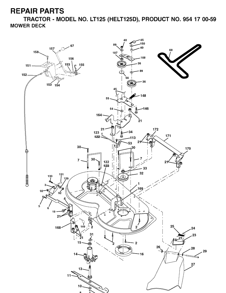 Mower Deck / Cutting Deck Diagram and Parts List for LT125 (HELT125D)(2002-06) Husqvarna Lawn Tractor
