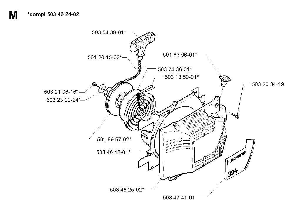 Starter Diagram and Parts List for 394XPEPA 19980900001 Husqvarna Chainsaw