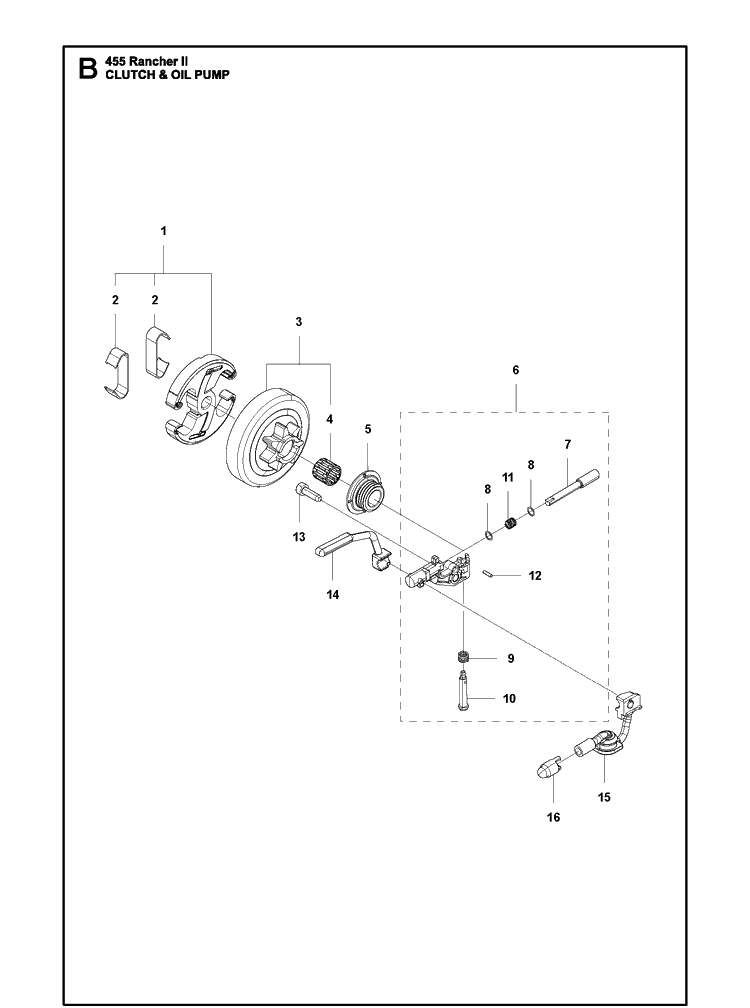 Clutch Oil Pump Diagram and Parts List for 455 (Rancher II)(2012-06) Husqvarna Chainsaw