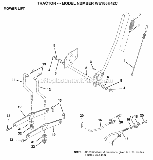 Mower Lift Diagram and Parts List for WE185H42C 1997 Husqvarna Lawn Tractor