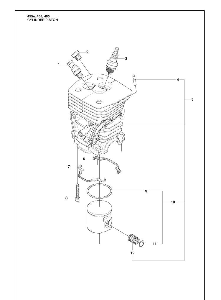 Cylinder Piston Diagram and Parts List for 455E 2009-10 Husqvarna Chainsaw