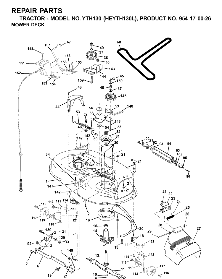 Mower Deck / Cutting Deck Diagram and Parts List for YTH130 (HEYTH130L)(2001-09) Husqvarna Lawn Tractor