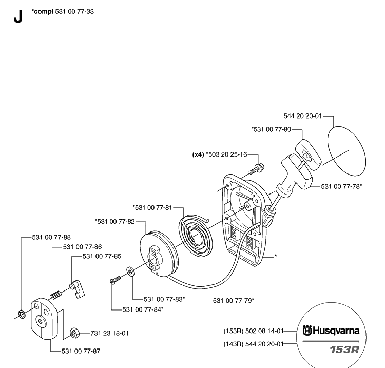 Starter Diagram and Parts List for 143R 20070100001-Current Husqvarna Brush Cutter