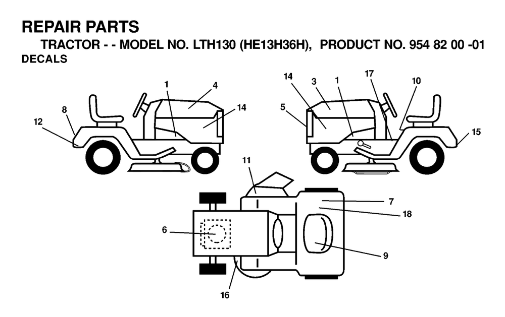 Decals Diagram and Parts List for LTH130 (954820001-H)(2000-02) Husqvarna Lawn Tractor