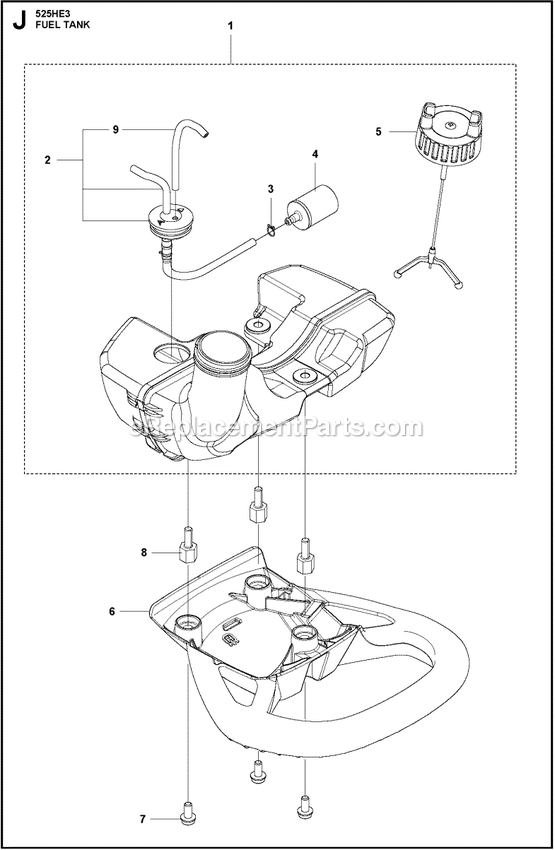 Fuel Tank Diagram and Parts List for 525HE3  Husqvarna Trimmer