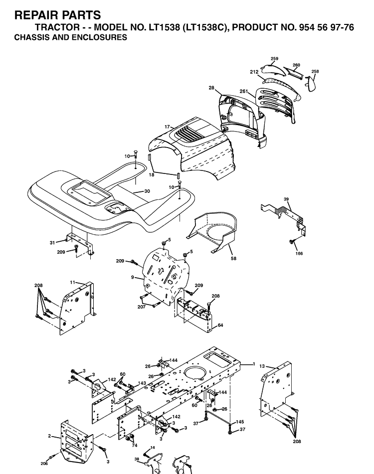 Chassis And Enclosures Diagram and Parts List for LT1538-LT1538C 2002-12 Husqvarna Lawn Tractor
