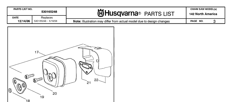 Muffler Diagram and Parts List for 142 20064900001-20070100000 Husqvarna Chainsaw