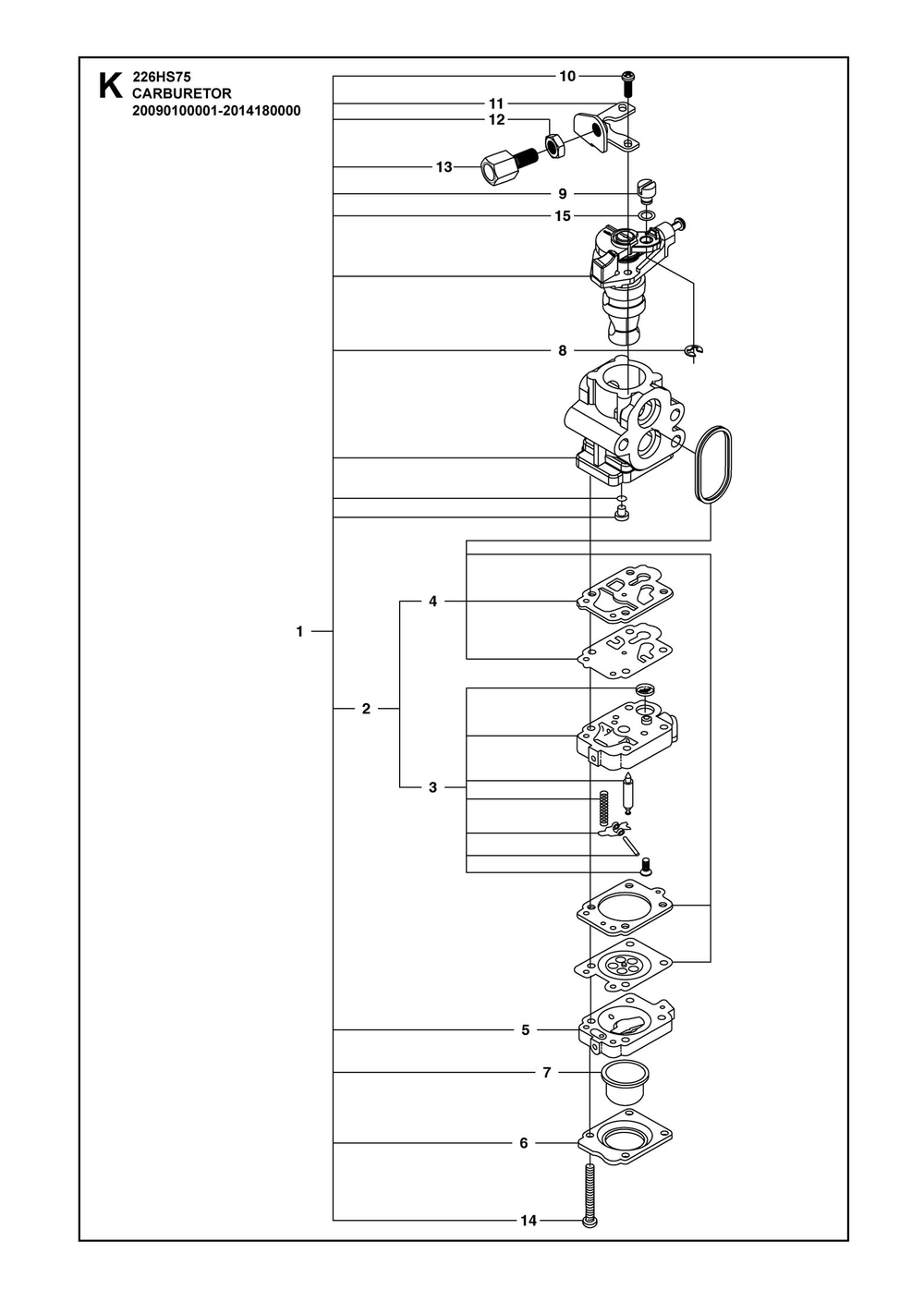 Carburetor Details Diagram and Parts List for 226HS75S 2009 Husqvarna Trimmer