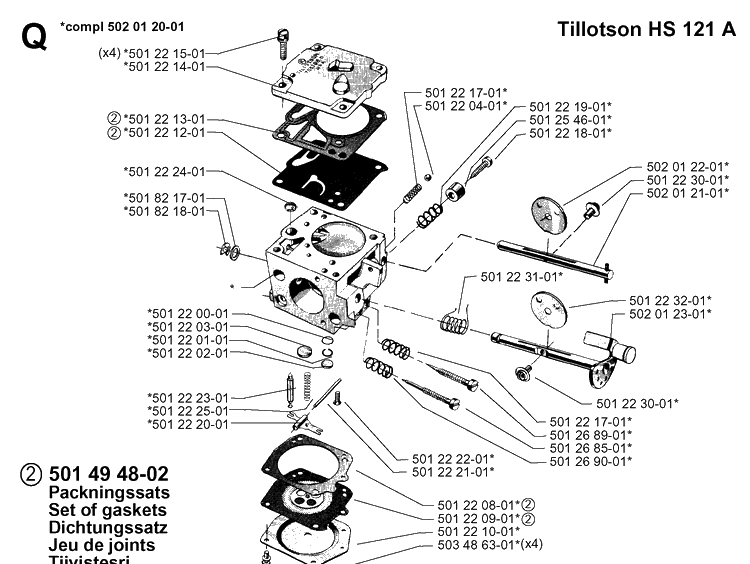 Carburetor Details Diagram and Parts List for 265RX 19954500001-19991000000 Husqvarna Brush Cutter