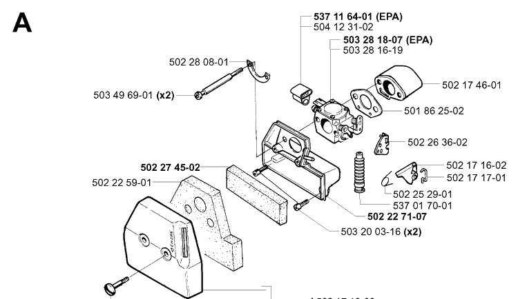 Carburetor And Air Filter 2 Diagram and Parts List for 252RX 20011800001-20023100000 Husqvarna Brush Cutter