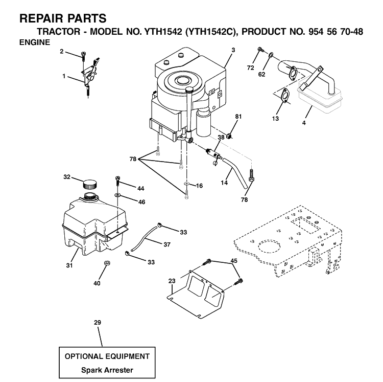Engine Diagram and Parts List for YTH1542 (954567048)(2001-04) Husqvarna Lawn Tractor