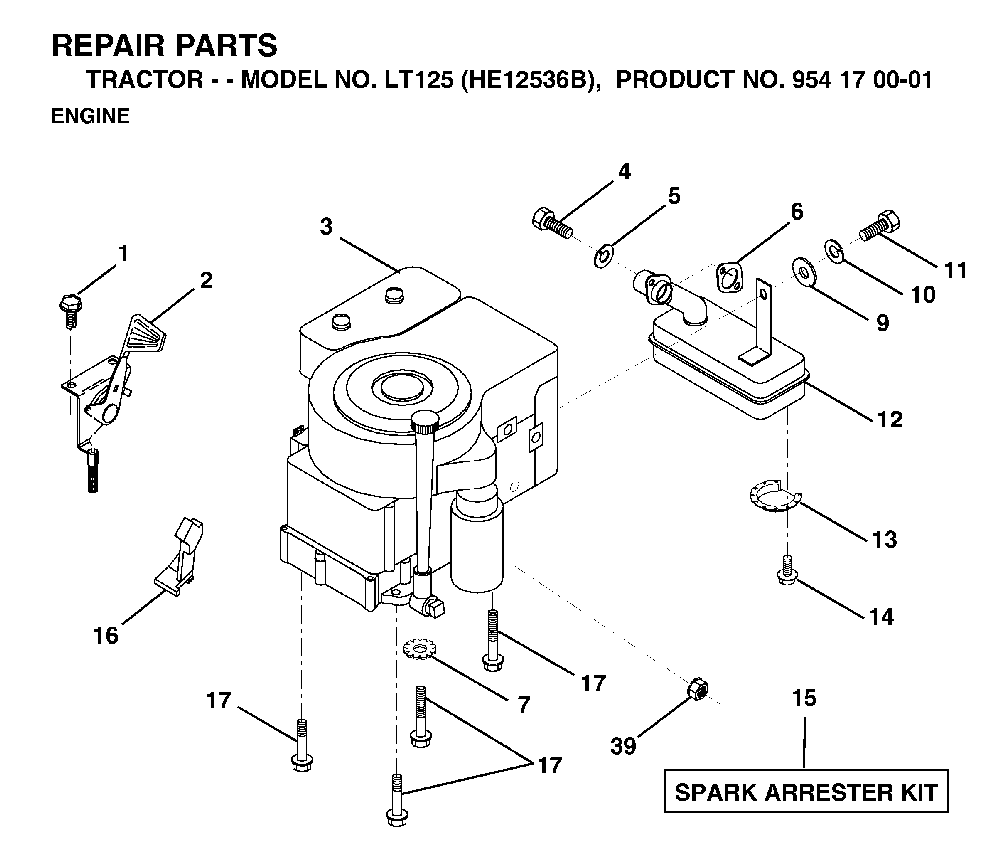 Engine Diagram and Parts List for LT125 (HE12536B, 954170001)(1996-10) Husqvarna Lawn Tractor