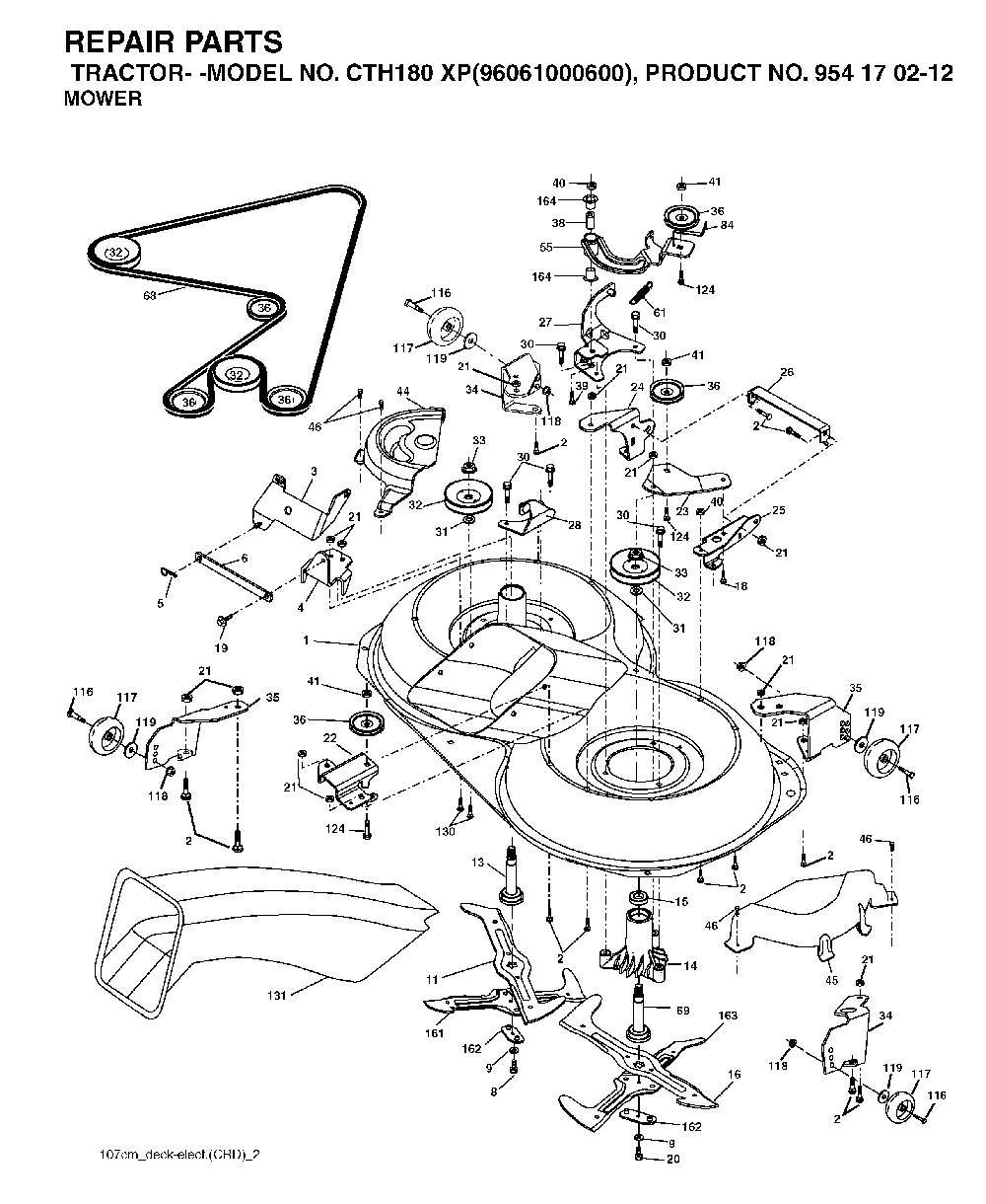 Mower Deck / Cutting Deck Diagram and Parts List for CTH180XP (96061000600,954170212)(2005-01) Husqvarna Lawn Tractor