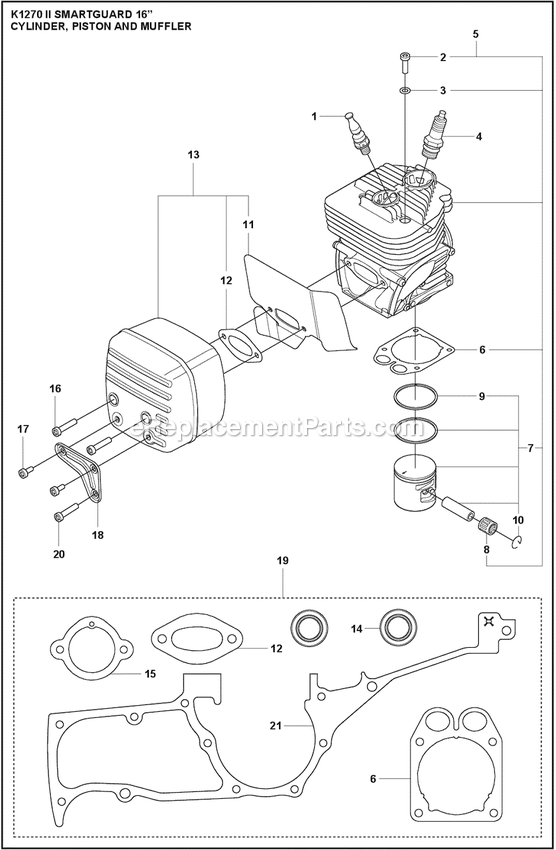 Cylinder Piston And Muffler Diagram and Parts List for K1270II  Husqvarna Concrete Saw
