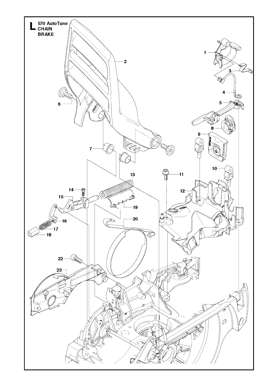 Chain Brake Diagram and Parts List for 570AUTOTUNE 20130900001 & Above Husqvarna Chainsaw