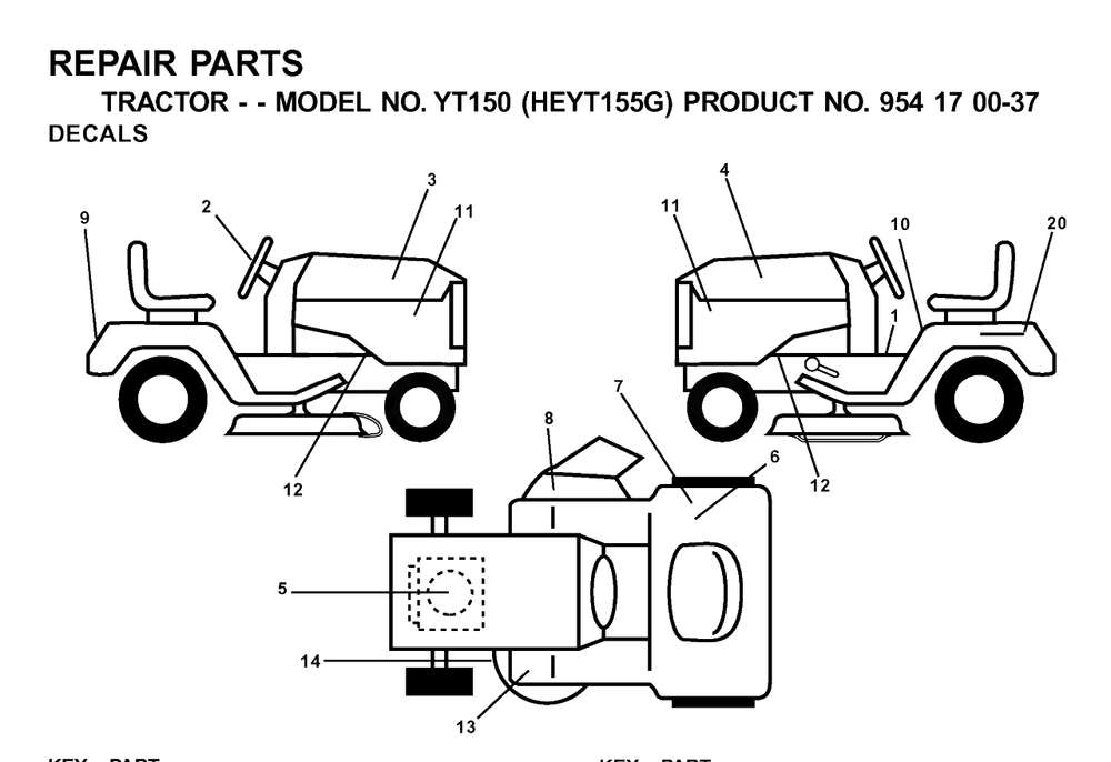 Decals Diagram and Parts List for YT150 (954170037-G)(2001-01) Husqvarna Lawn Tractor