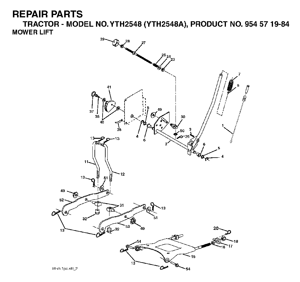 Mower Lift / Deck Lift Diagram and Parts List for YTH2548A954571984 2004-06 Husqvarna Lawn Tractor