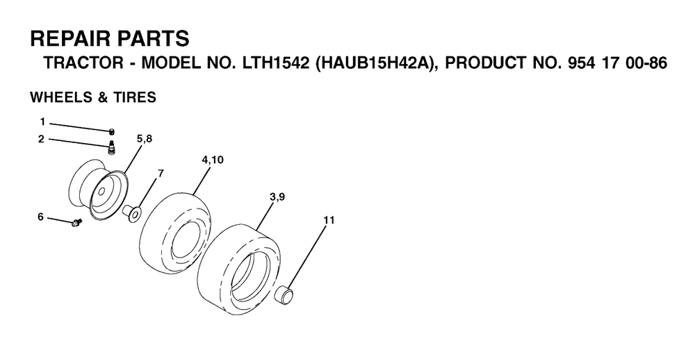 Wheels And Tires Diagram and Parts List for LTH1542 (954170086-A)(2003-01) Husqvarna Lawn Tractor