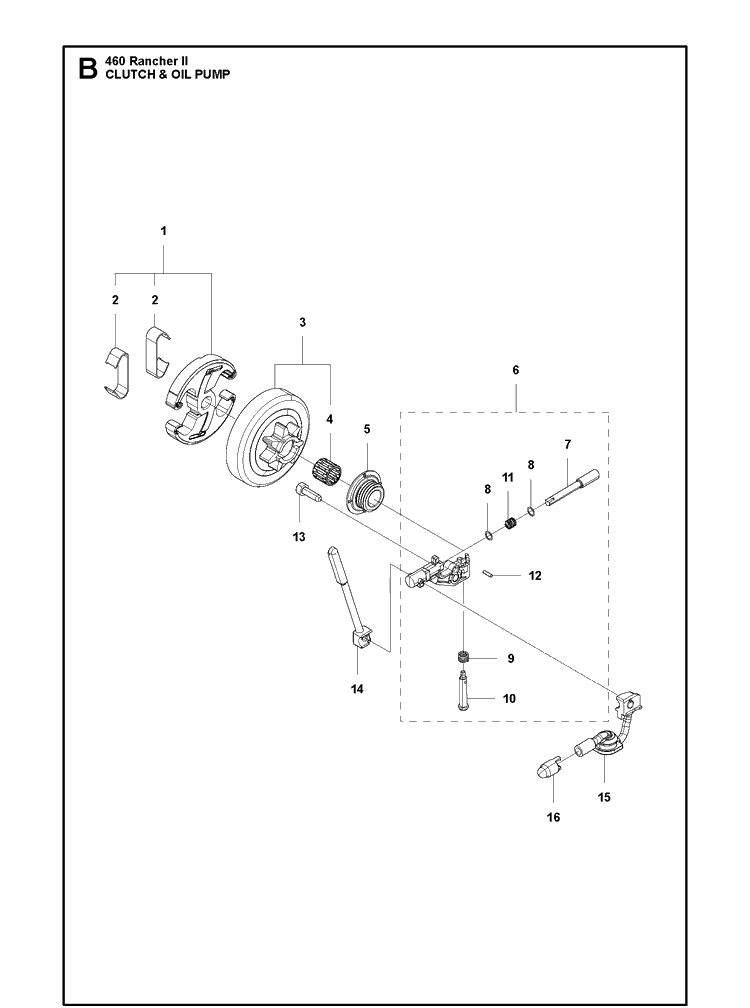 Clutch And Oil Pump Diagram and Parts List for 460 RANCHER II Husqvarna Chainsaw