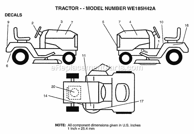 Decals Diagram and Parts List for WE185H42A 1997 Husqvarna Lawn Tractor