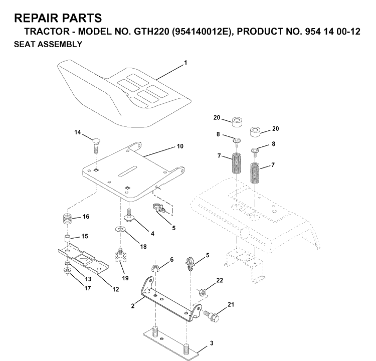 Seat Diagram and Parts List for GTH220 (954140012E)(1998-09) Husqvarna Lawn Tractor