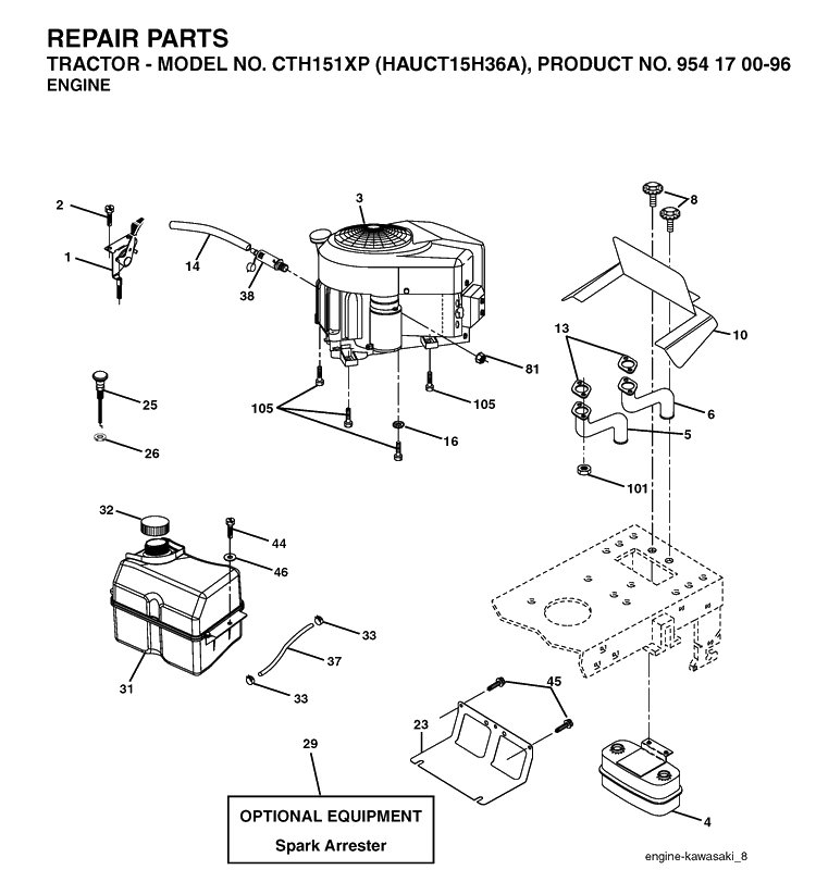 Engine Diagram and Parts List for CTH151XP (HAUCT15H36A)(2004-01) Husqvarna Lawn Tractor