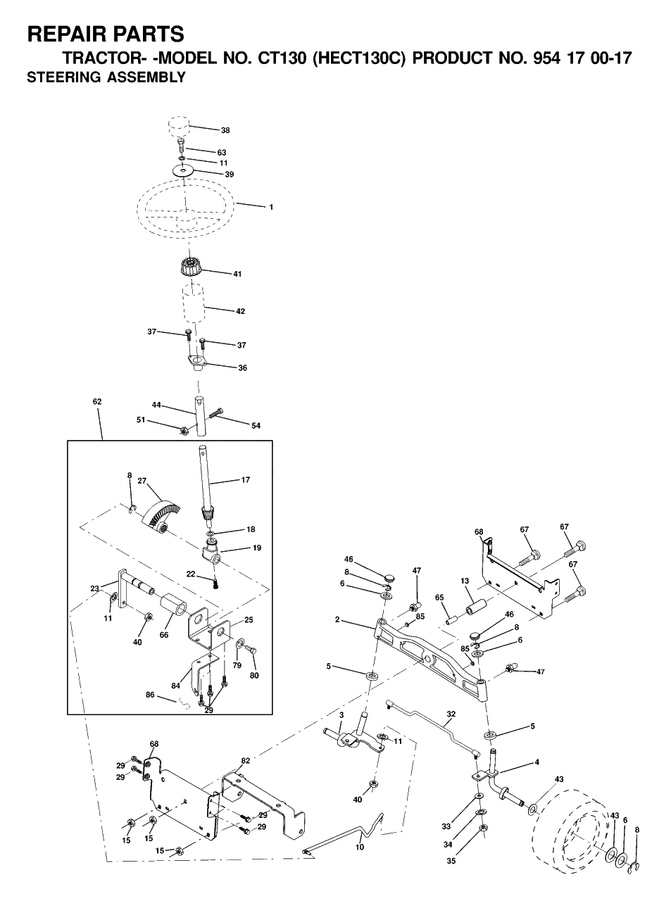 Steering Diagram and Parts List for CT130 (954170017-C)(2000-03) Husqvarna Lawn Tractor