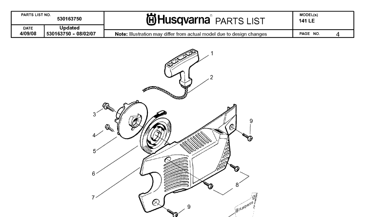 Starter Diagram and Parts List for 141LE 2008-06 Husqvarna Chainsaw