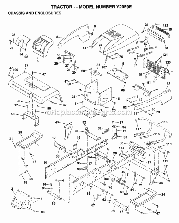 Chassis And Enclosures Diagram and Parts List for Y2050E 1995 Husqvarna Lawn Tractor