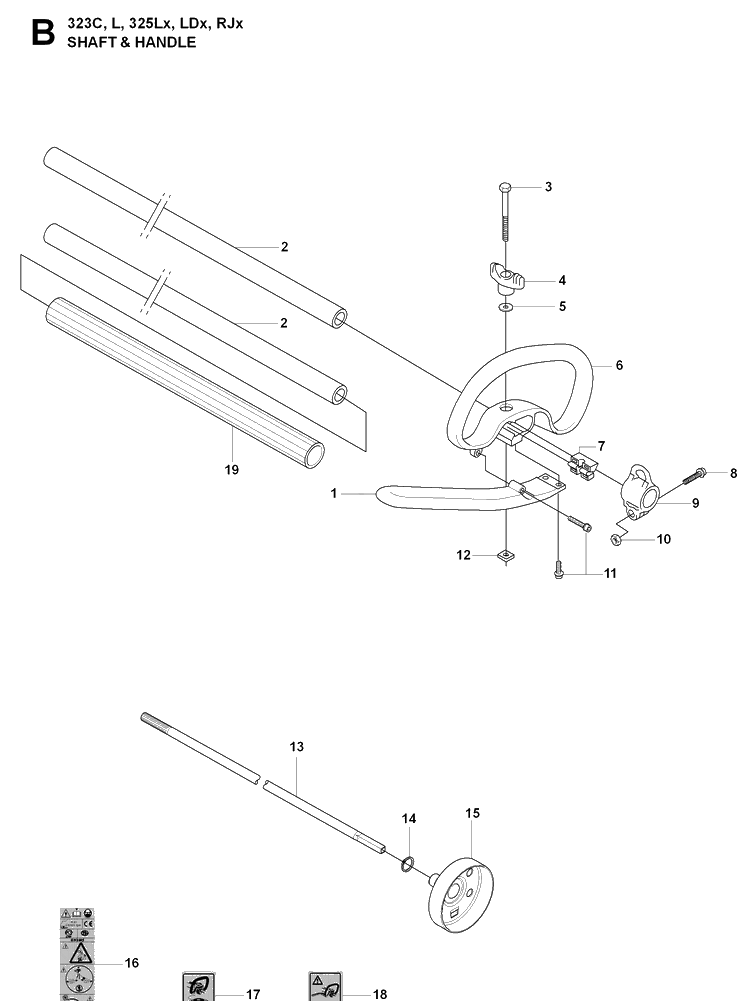 Shaft And Handle Diagram and Parts List for 325LDX 20080900001-Current Husqvarna Edger