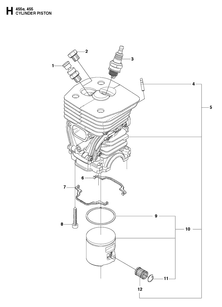 Cylinder Piston Diagram and Parts List for 455 RANCHER Husqvarna Chainsaw