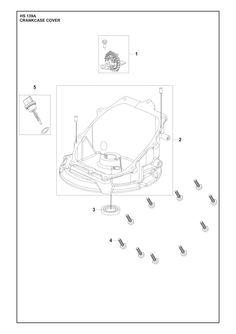 Crankcase Cover Diagram and Parts List for HS139A531450701 531450702, 599912201, 599912202 Husqvarna Engine