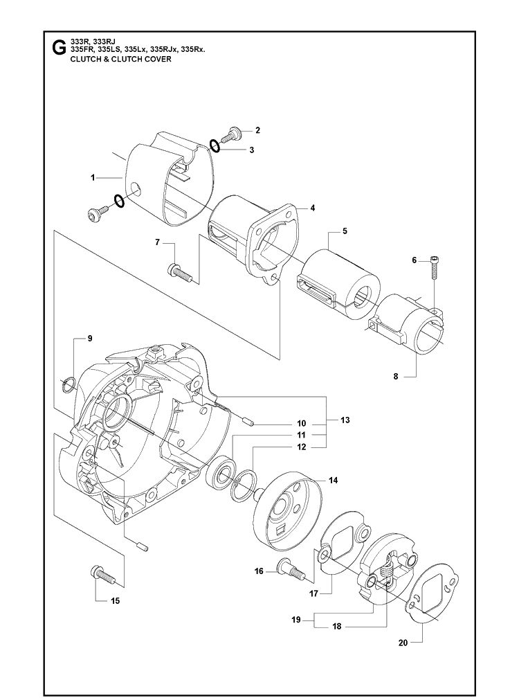 Clutch Diagram and Parts List for 335FR  Husqvarna Brush Cutter