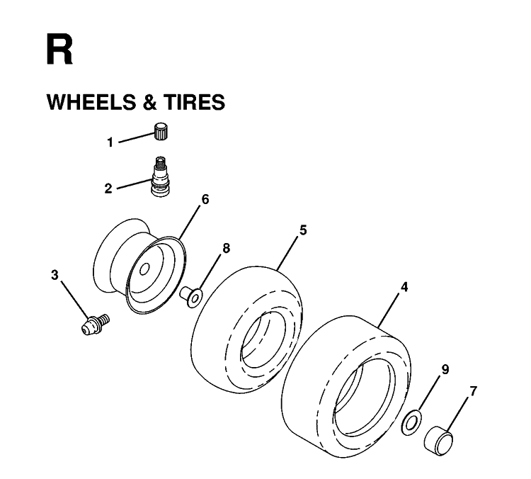 Wheels And Tires Diagram and Parts List for LT125 1998-02 Husqvarna Lawn Tractor