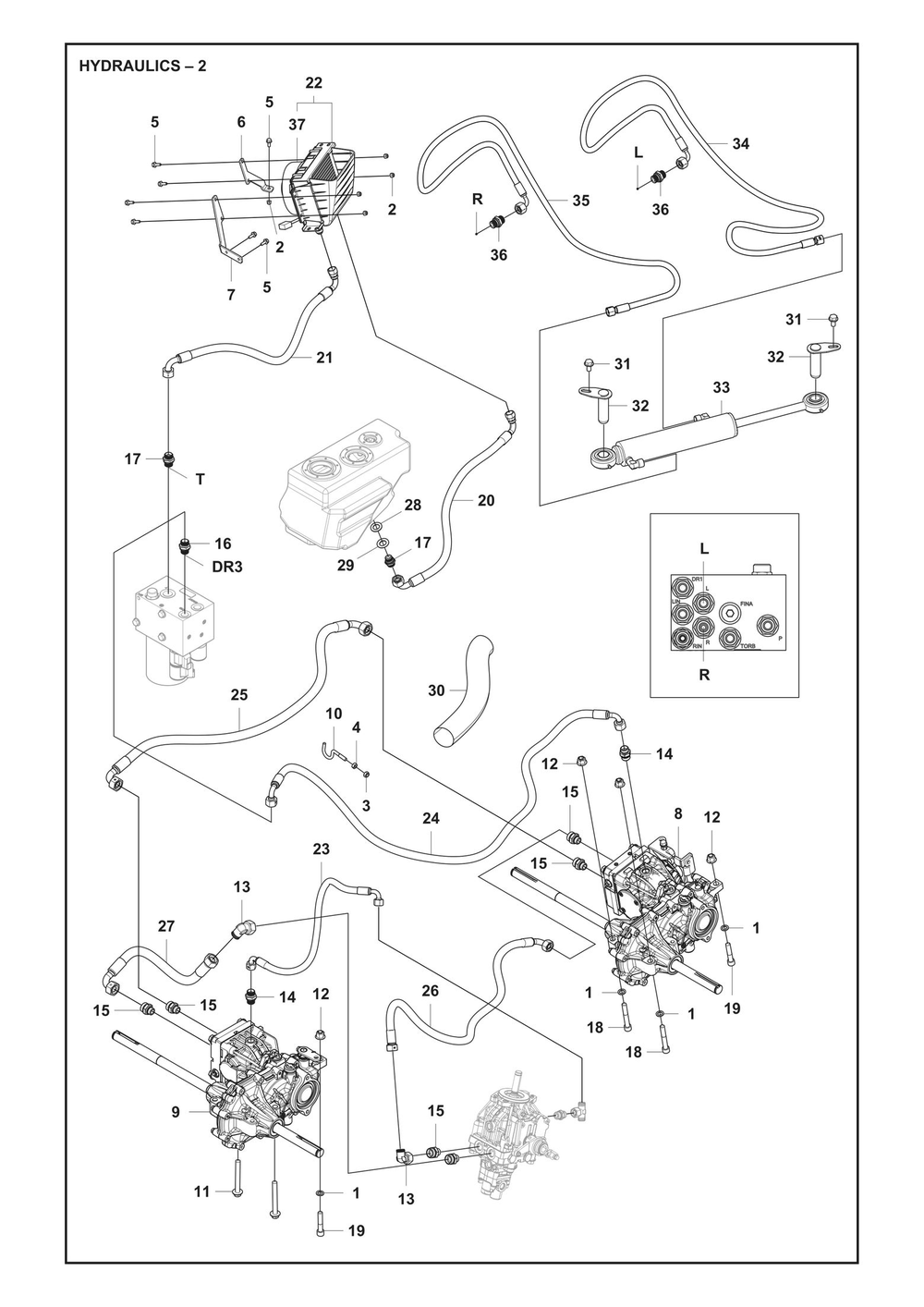 Hydraulics Diagram and Parts List for P524XREFI  Husqvarna Lawn Tractor