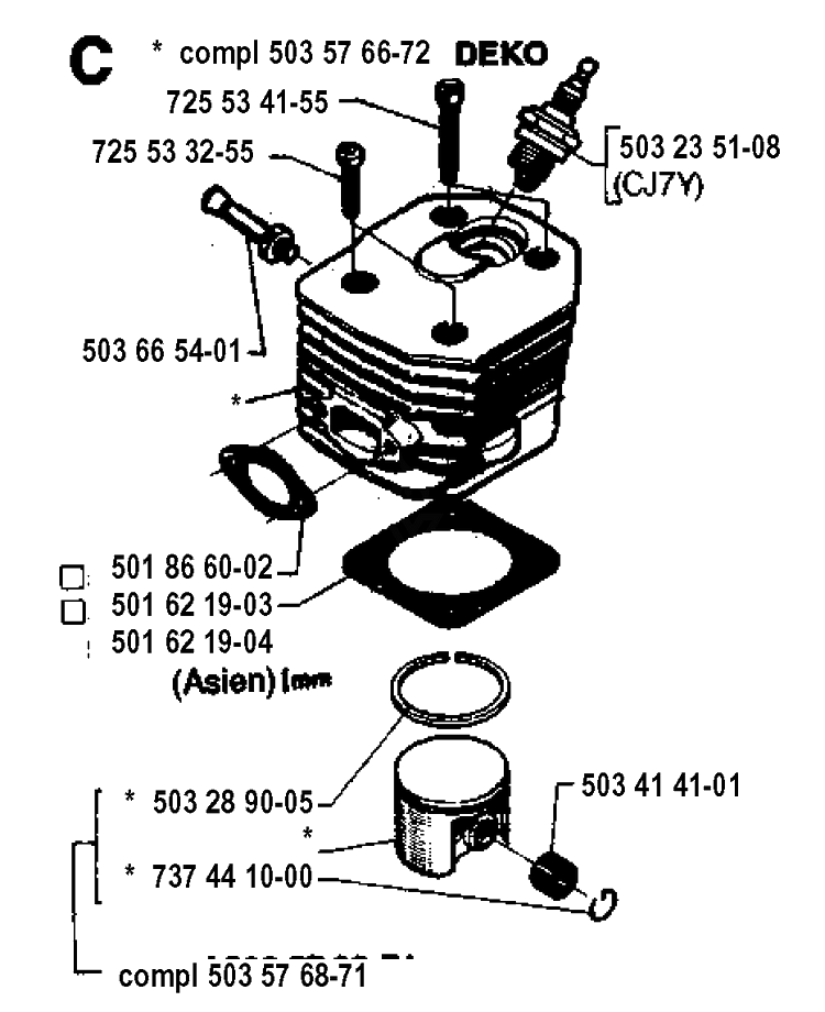 Cylinder Piston Diagram and Parts List for 42 19941400001-19944900000 Husqvarna Chainsaw