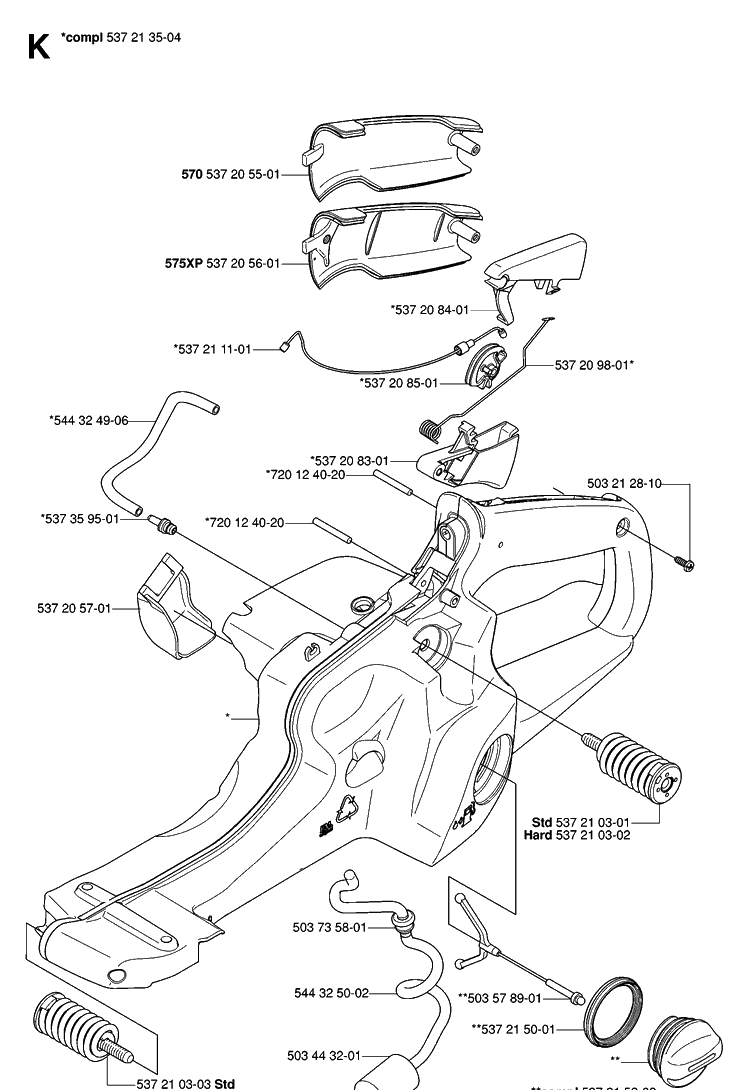 Fuel Tank Diagram and Parts List for 575XP 20070100001-Current Husqvarna Chainsaw