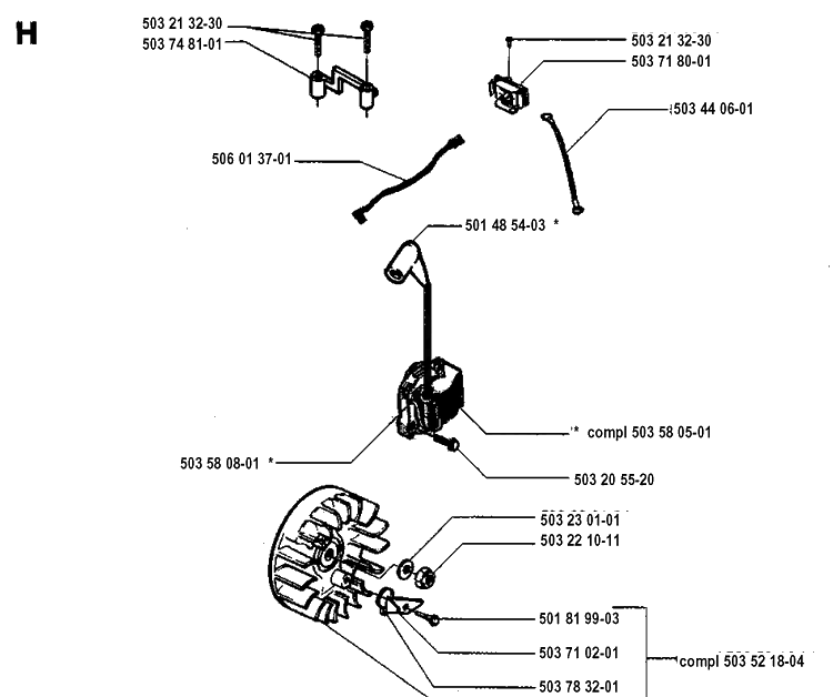 Ignition System Diagram and Parts List for 45 19952300001-19981800000 Husqvarna Chainsaw