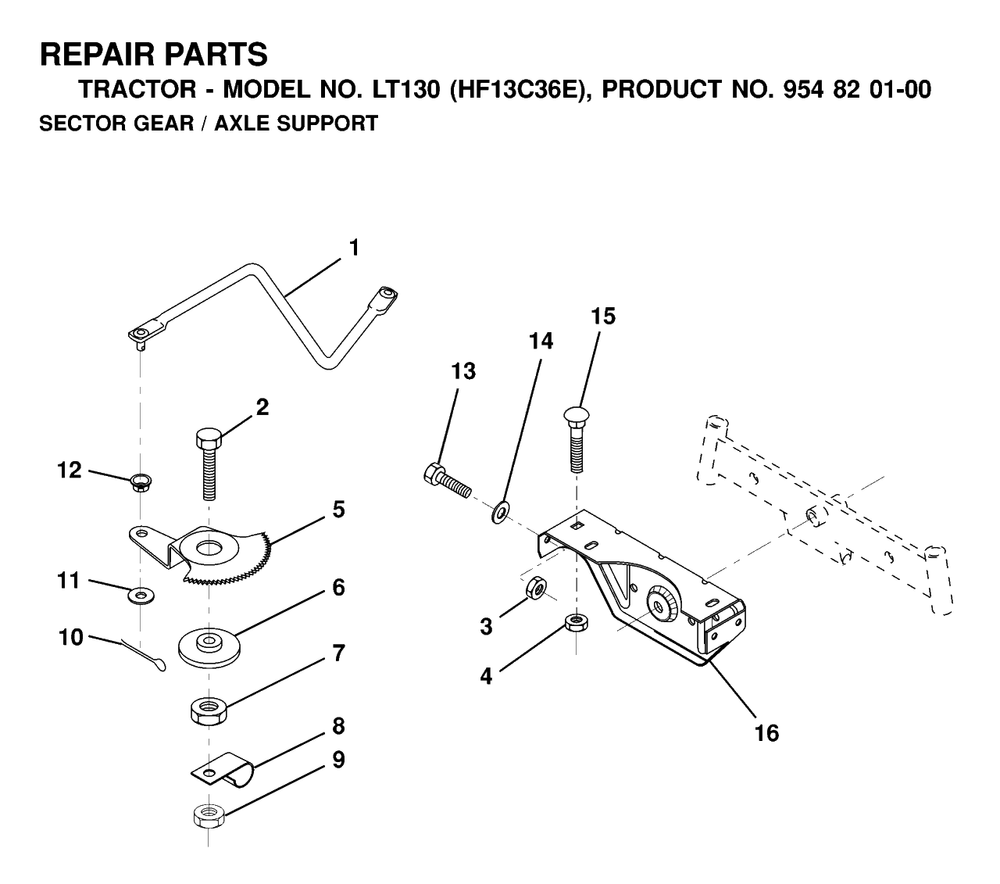 Sector Gear / Axle Support Diagram and Parts List for LT130 (954820100-E)(2000-02) Husqvarna Lawn Tractor