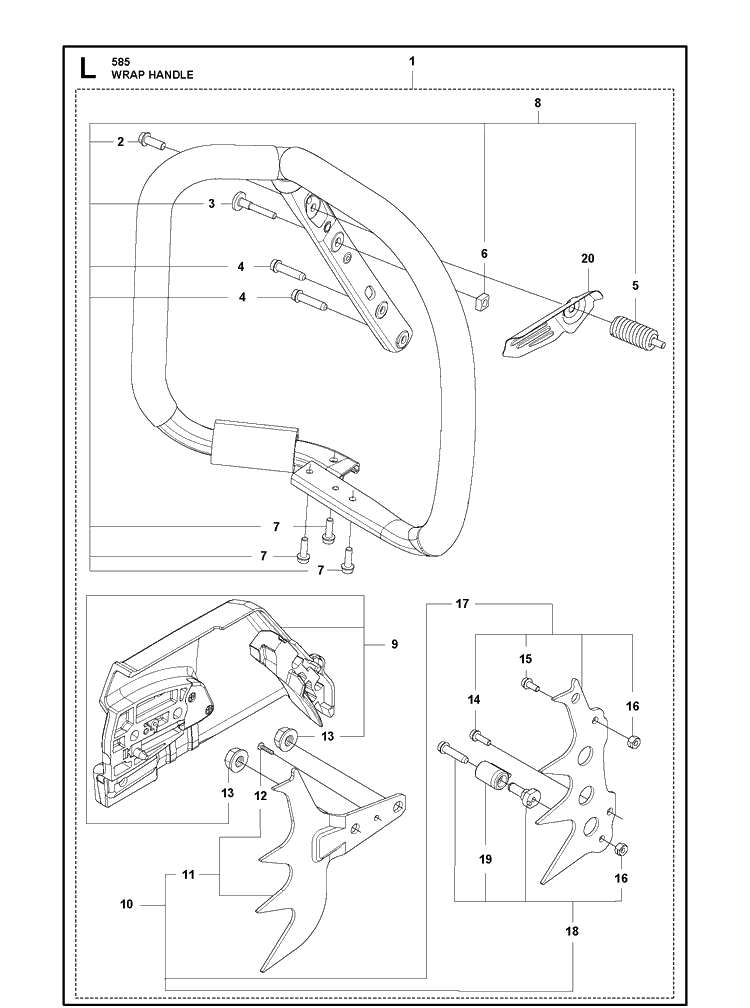 Wrap Handle Diagram and Parts List for 585  Husqvarna Chainsaw