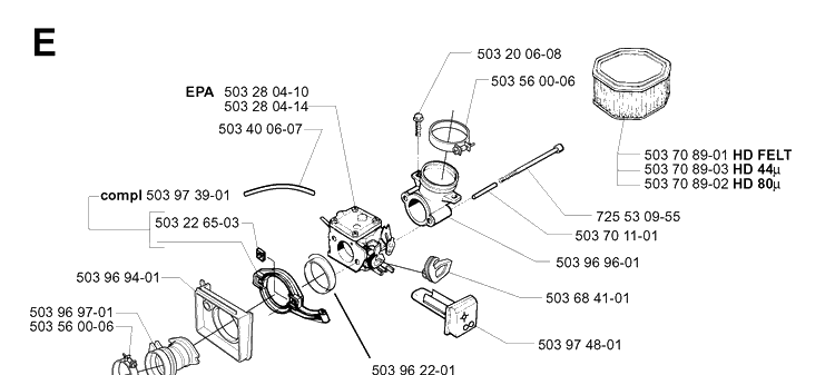 Carburetor And Air Filter Diagram and Parts List for 395XP/ (XPG)(20034000001-20051800000) Husqvarna Chainsaw