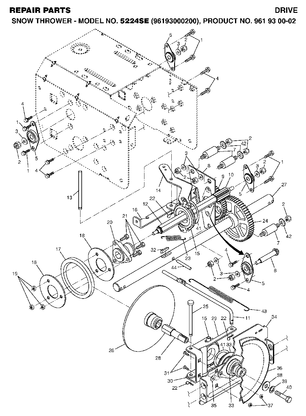 Drive Diagram and Parts List for 5524SE (96193000200, 961930002)(2006-05) Husqvarna Snow Blower