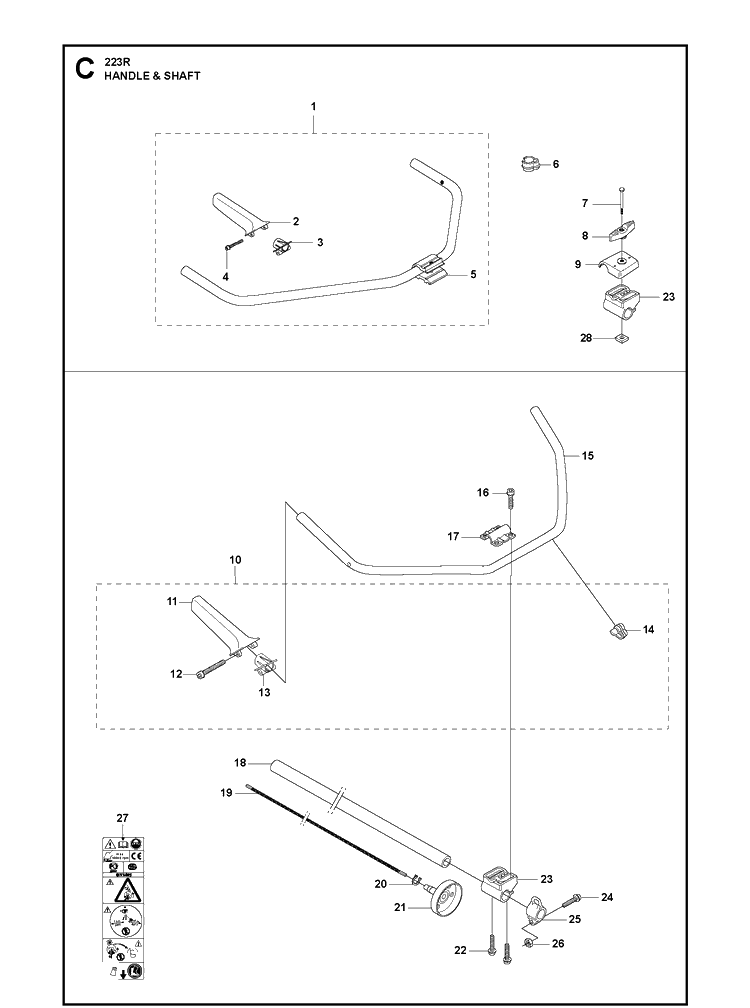 Shaft And Handle Diagram and Parts List for 223R 2011 Husqvarna Brush Cutter